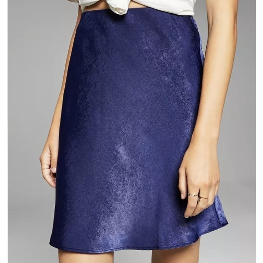𝅺And Now This Navy Blue Vegan Silk Midi Skirt L / XL Tennis Prep Quiet Luxury